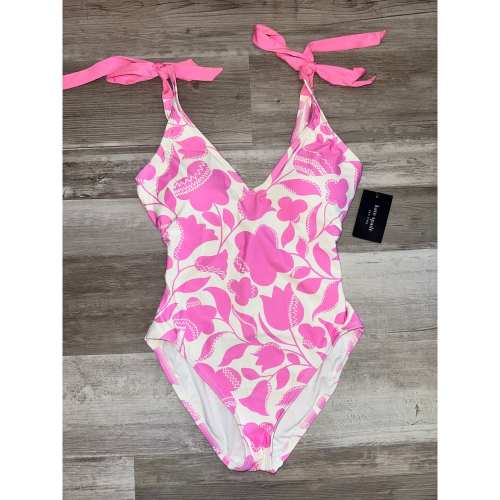 Kate Spade One Piece Swimsuit Womens Pink Floral Tie Shoulder Small S62354A NEW